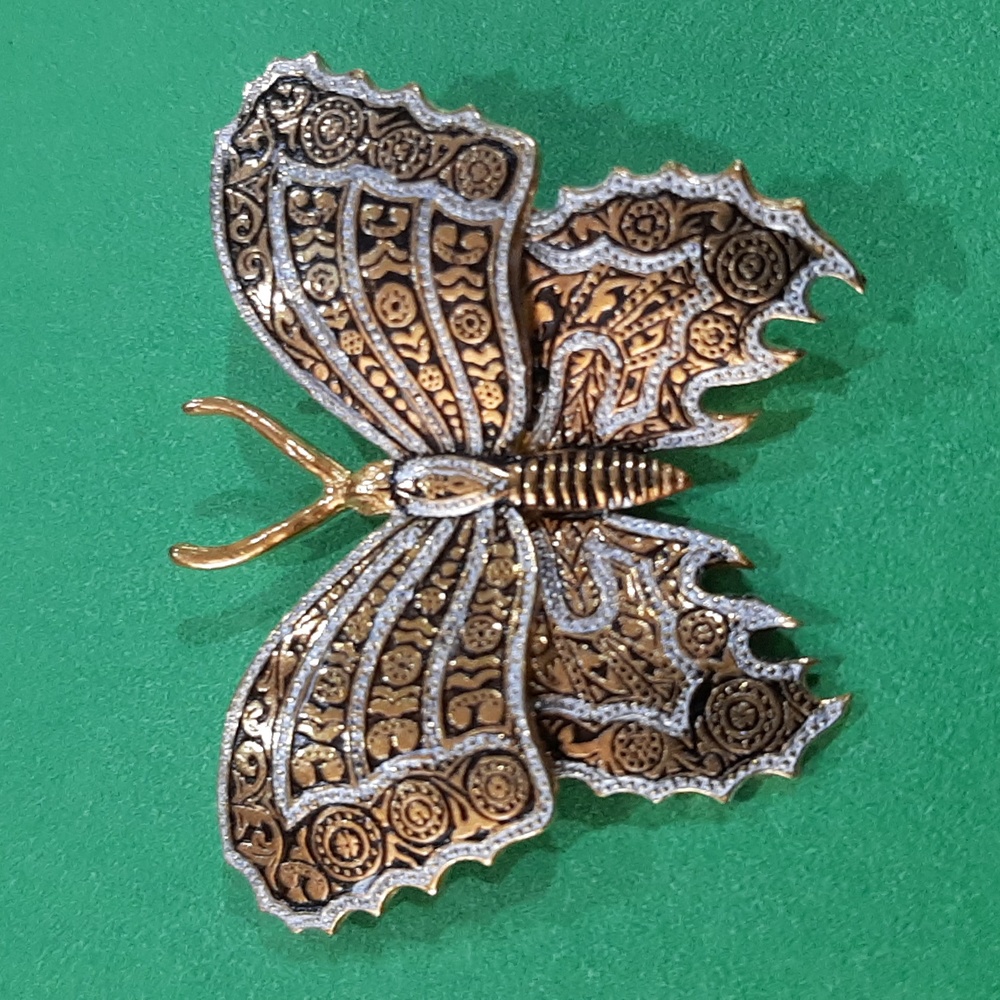 Vintage Damascene Butterfly Brooch, Gold & Silver & Black, Spain